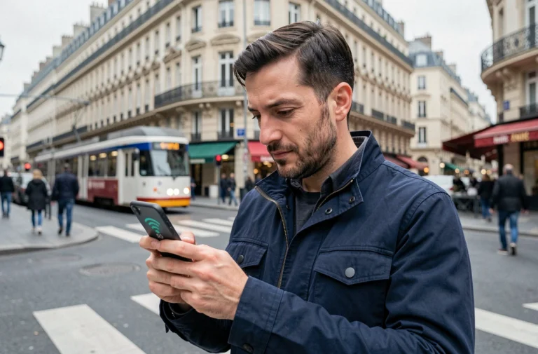 Homme consultant la couverture 5G sur son smartphone dans une rue parisienne