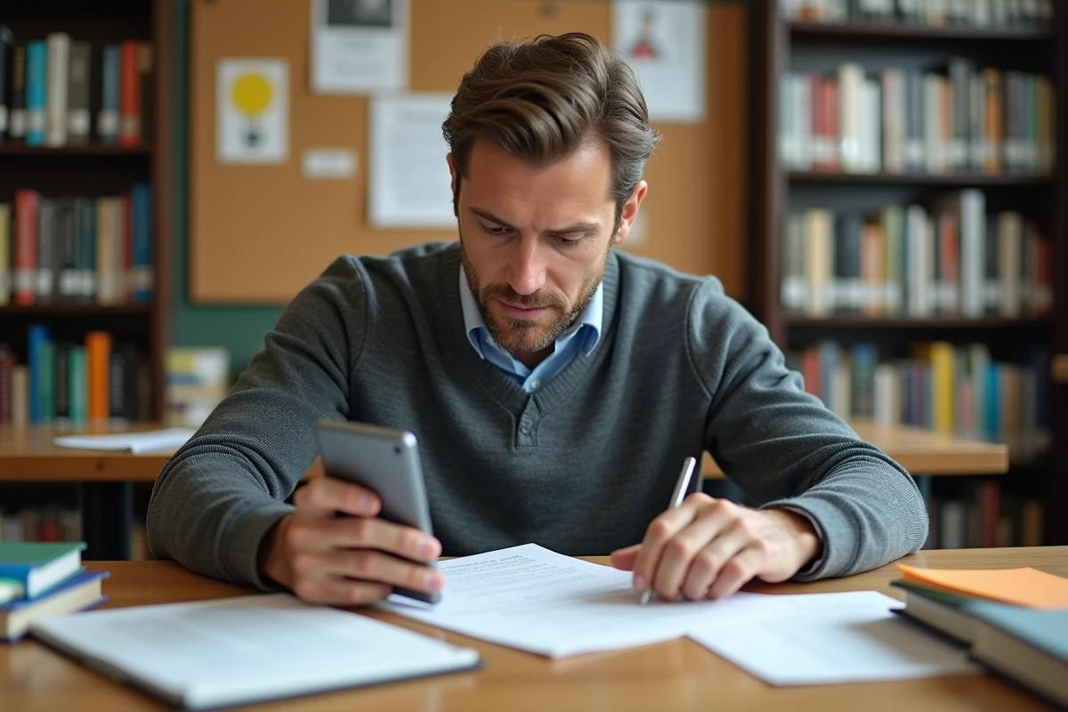 Homme lisant un smartphone et prenant des notes à la bibliothèque