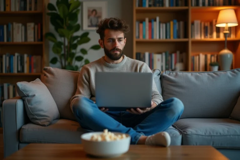 Homme décontracté regardant un ordinateur dans un salon cosy