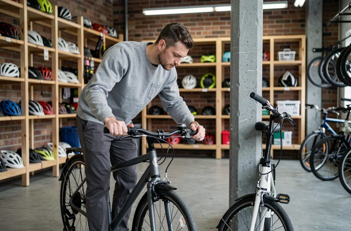 Homme comparant deux vélos urbains dans un magasin de cycles avec murs en briques apparentes