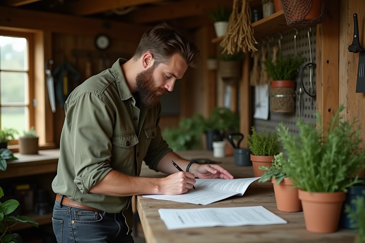 Homme jardinier annotant un article de blog spécialisé dans un atelier de jardinage rustique