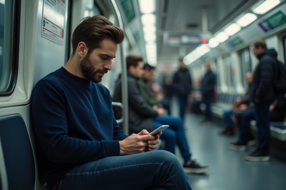 Homme naviguant incognito sur Instagram dans les transports en commun avec son smartphone