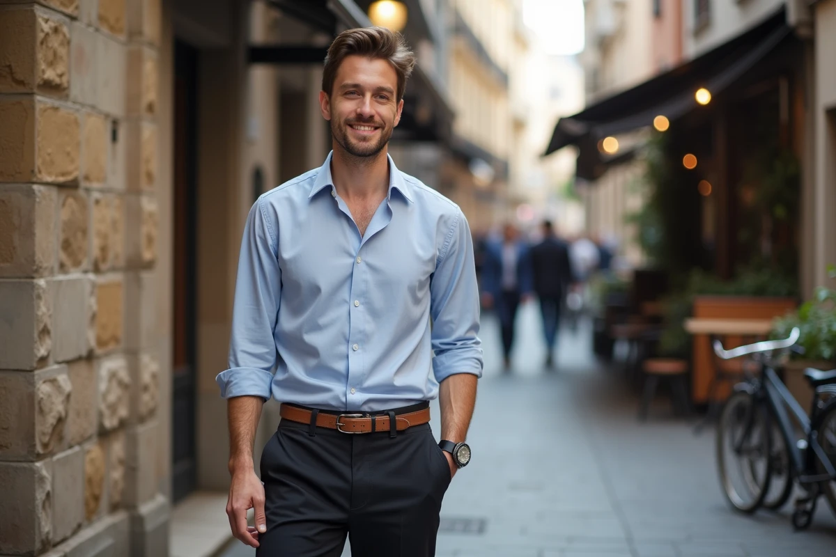 Homme souriant portant un pantalon sombre et un noeud de cravate créatif