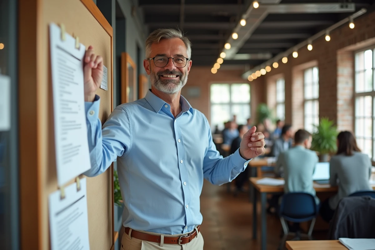 Homme d age moyen affiche un CV dans un espace de coworking