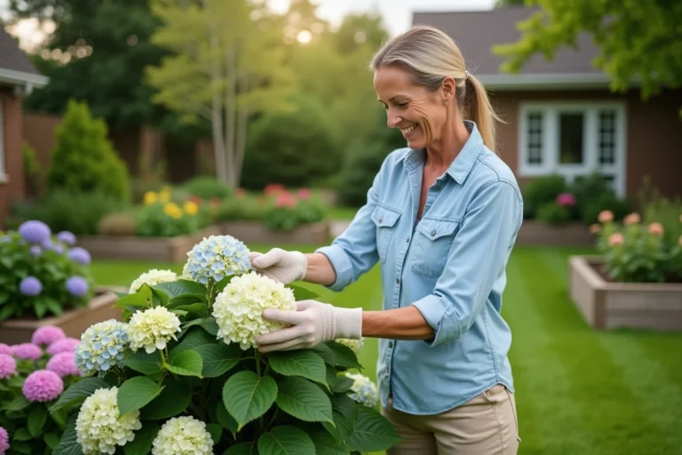 Femme souriante en jardinage prune hydrangea dans le jardin