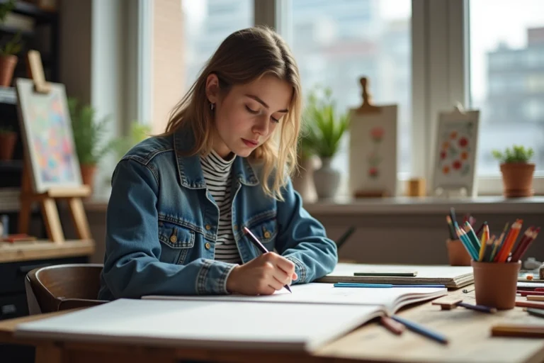 Jeune artiste en studio dessinant avec concentration