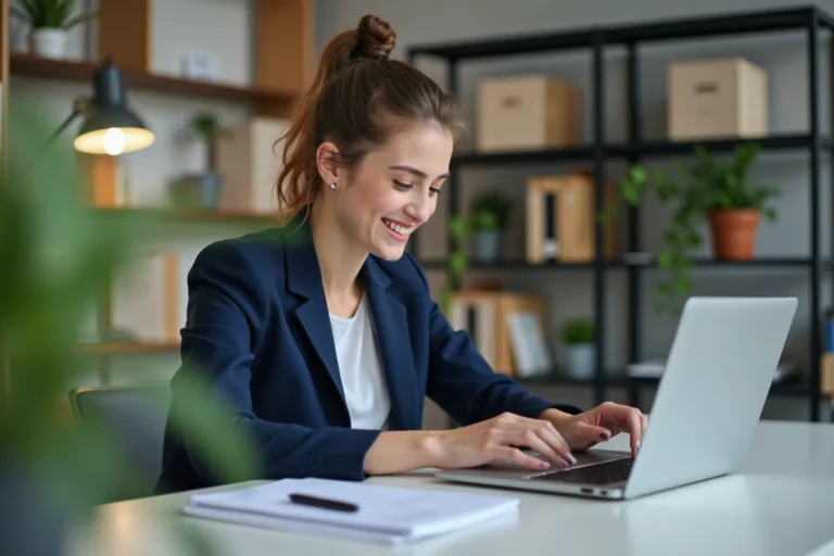 Jeune femme en bureau moderne recherche emploi sur son ordinateur