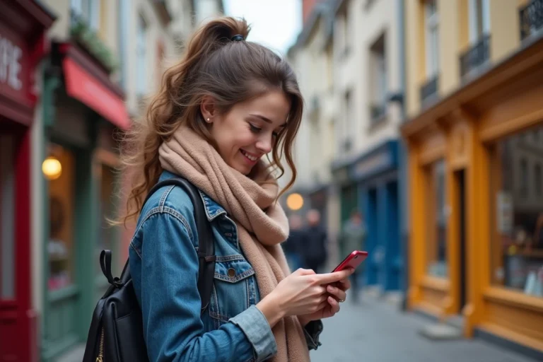 Jeune femme souriante avec veste en denim devant Rennes