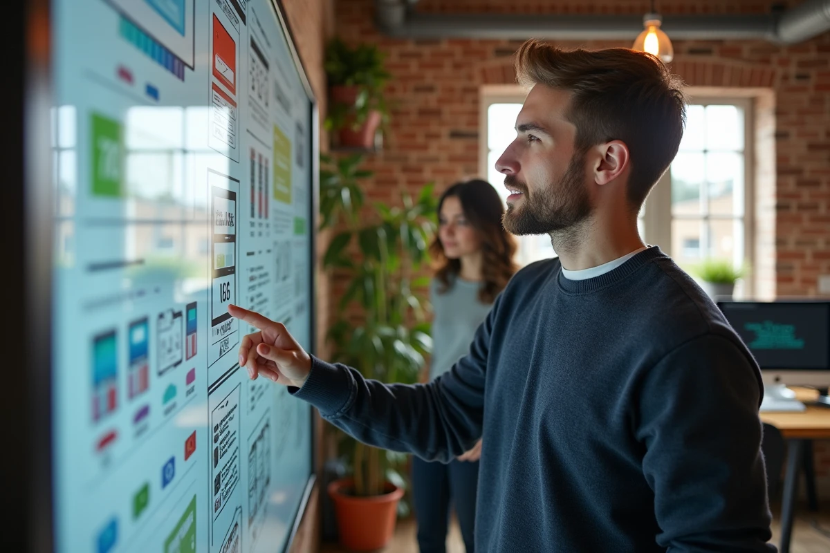 Jeune homme pointant des esquisses sur un tableau blanc dans un studio créatif