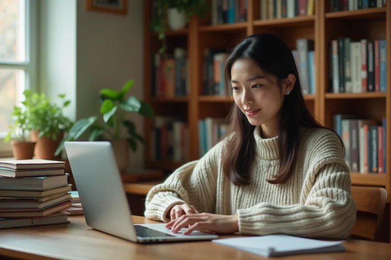 Jeune femme lisant des mangas et naviguant sur un site web propre sans publicités sur son ordinateur portable