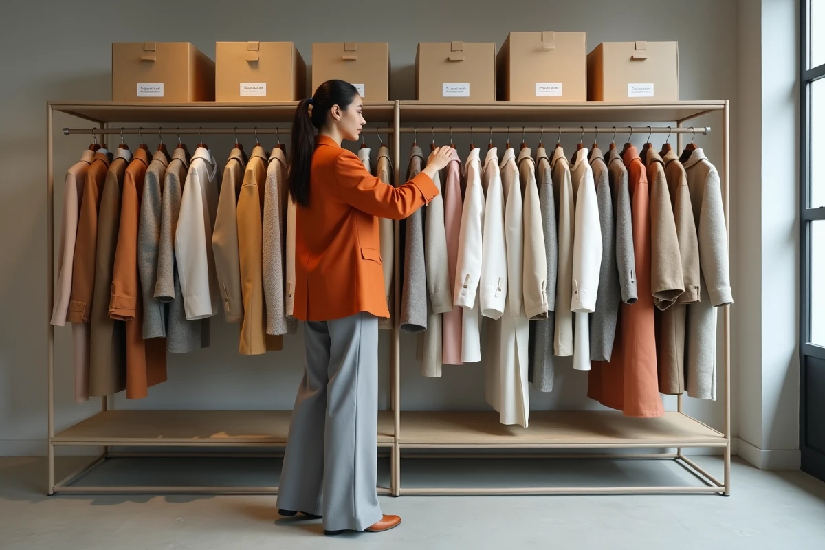 Responsable merchandising mode organisant les collections par saison sur un portant en boutique pour 2025