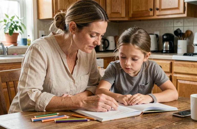 Mère aidant sa fille à faire ses devoirs à la table de cuisine, représentant l'accompagnement parental dans l'éducation des enfants
