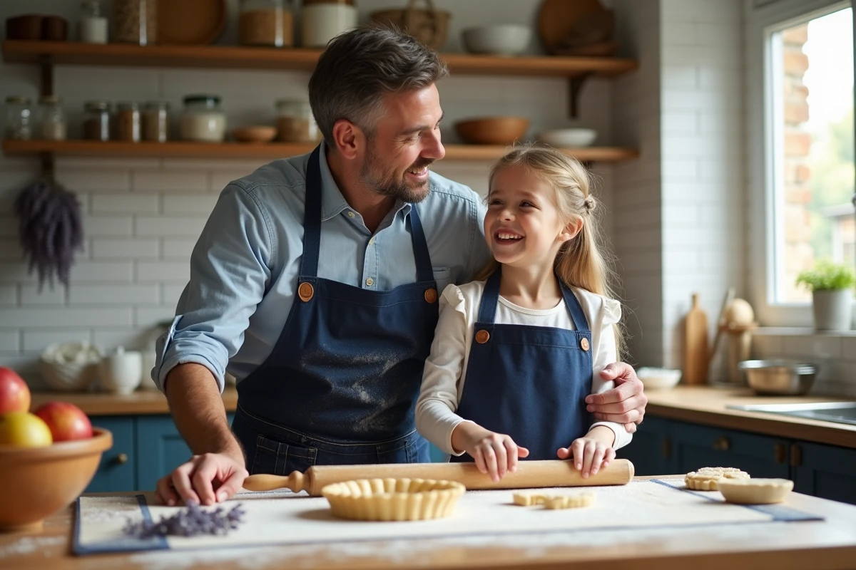 Père et fille préparant une tarte ensemble dans la cuisine, farine sur le plan de travail et rires complices