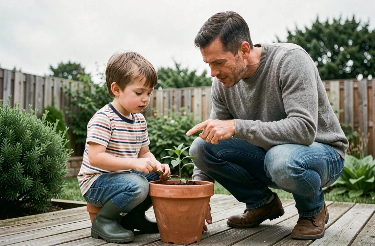 Père et fils explorant ensemble une plante dans le jardin, illustrant l'éducation par l'éveil et la curiosité naturelle