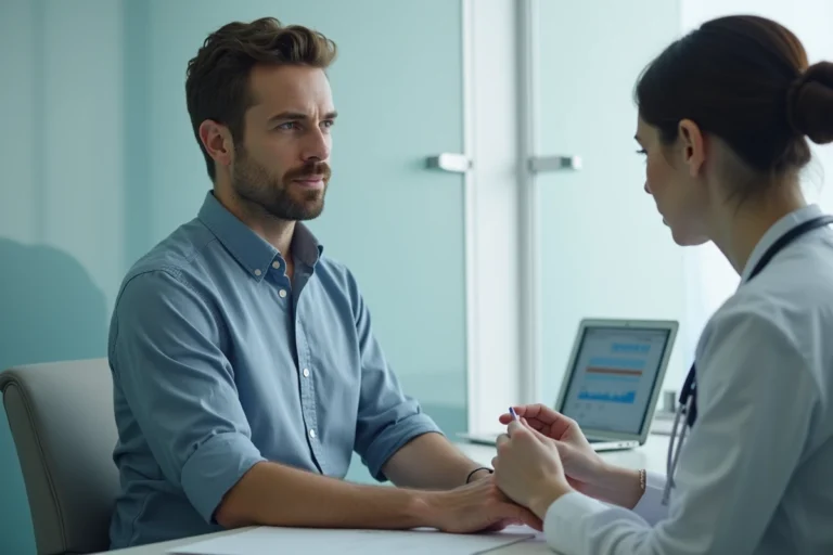 Homme sérieux en consultation médicale lors d'une prise de sang