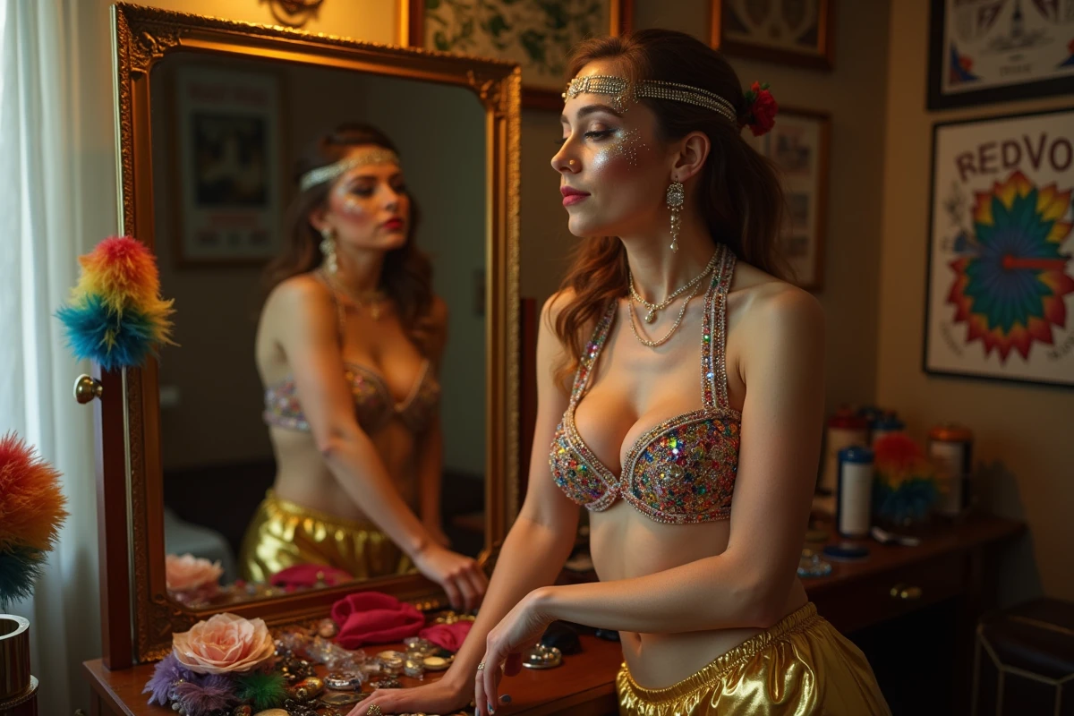 Préparation d'une tenue de fierté élaborée dans un appartement parisien, costume en lamé doré et harnais perlé avec bolero en plumes