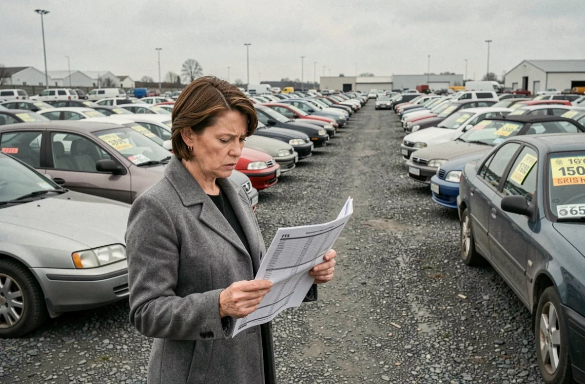 Femme consultant des prix de voitures d'occasion dans un parc automobile en plein air lors d'une vente aux enchères