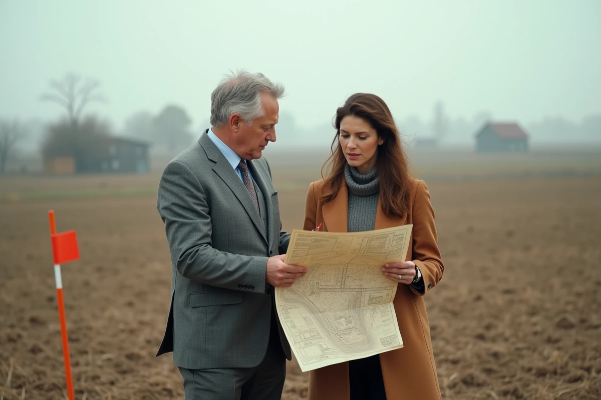Deux professionnels de l'immobilier consultant un plan topographique pour estimer la valeur d'un terrain constructible