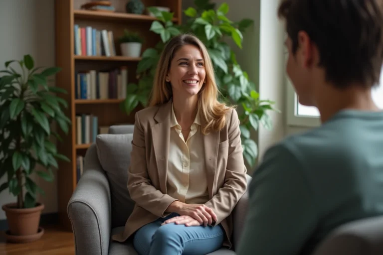 Psychologue femme attentive dans un cabinet chaleureux