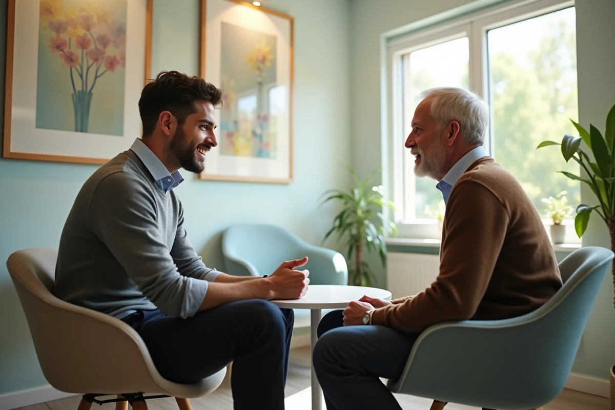 Conversation entre psychologue homme et client dans un centre