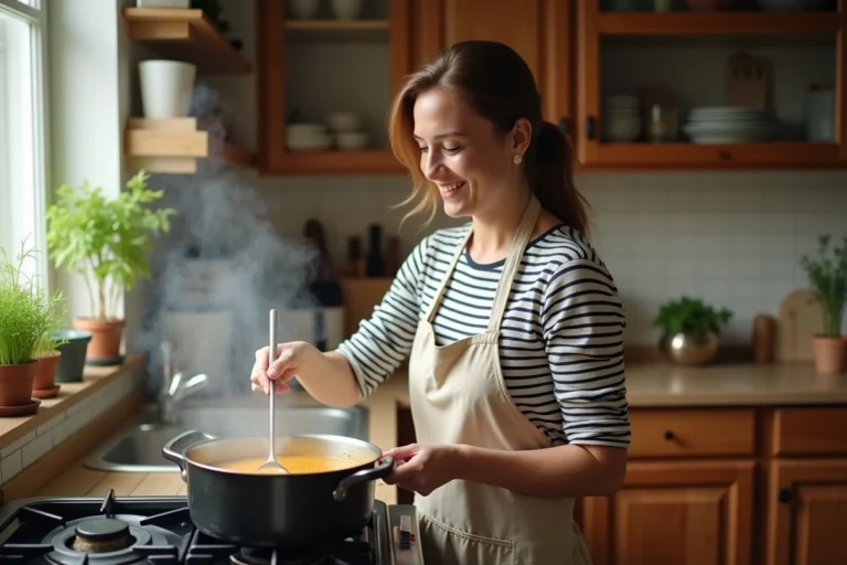 Femme préparant une soupe familiale dans une cuisine chaleureuse avec des herbes fraîches sur le rebord de fenêtre