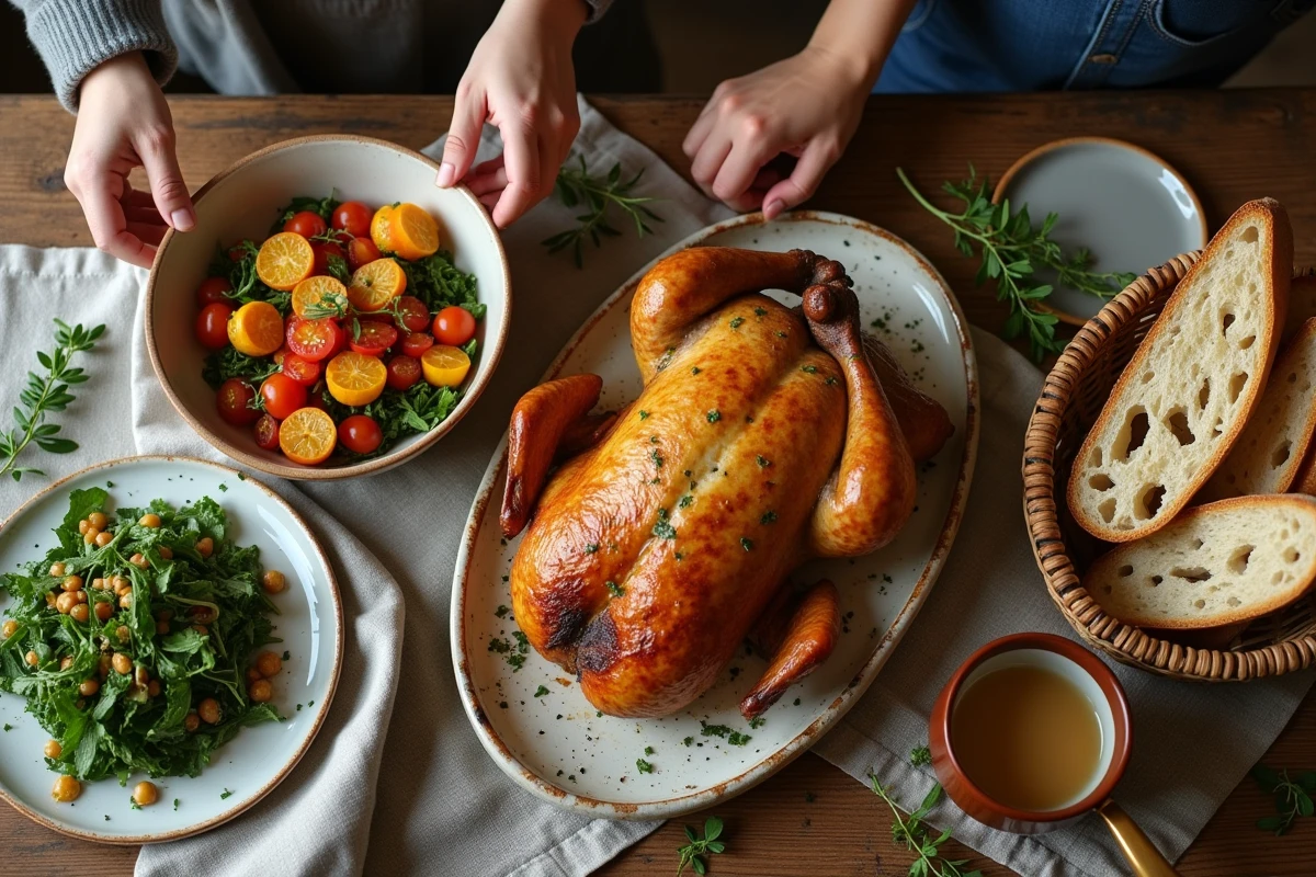 Table familiale vue de haut avec un repas complet fait maison, poulet rôti, gratin de légumes et salade fraîche