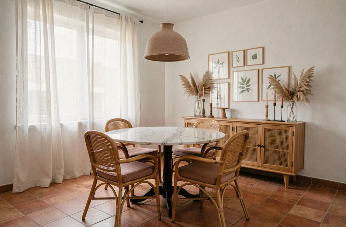 Salle à manger chaleureuse avec table en marbre, chaises en rotin et décoration bohème dans des tons terracotta et rose poudré