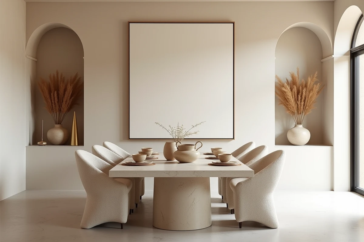 Salle à manger minimaliste avec table en travertin, chaises bouclé blanc cassé et décoration murale en lin abstrait