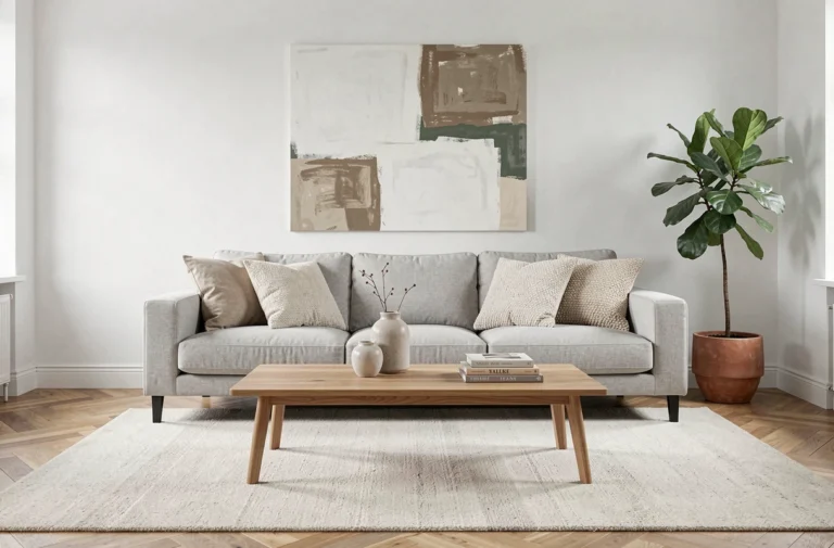 Salon moderne de style scandinave avec canapé en lin gris, table basse en chêne et plante verte, décoré avec goût et sobriété