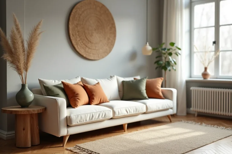 Salon scandinave tendance avec canapé en lin crème, coussins terracotta et vase céramique artisanal sur parquet en chevrons