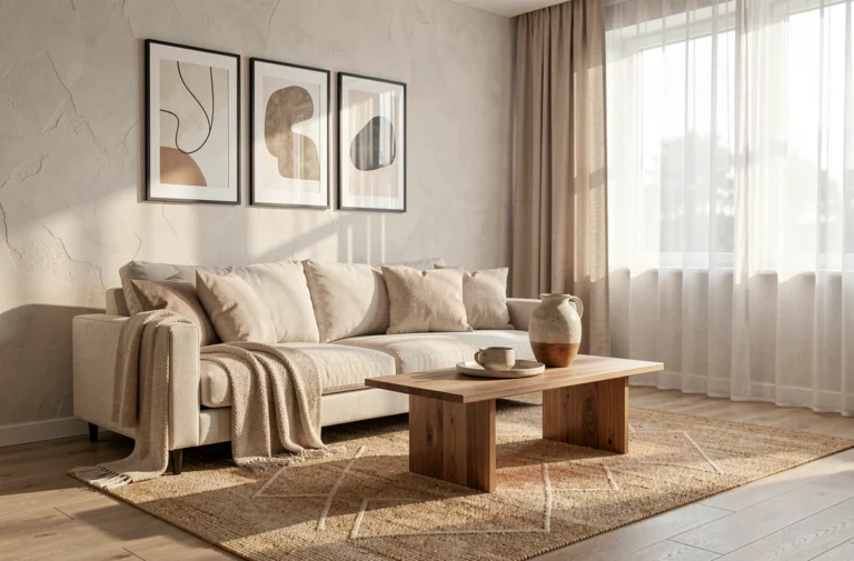 Salon scandinave moderne avec canapé en lin ivoire, table basse en chêne massif et décoration épurée pour un intérieur élégant