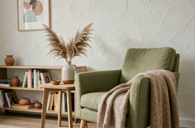 Salon scandinave contemporain avec fauteuil en lin vert sauge, table en chêne et herbes de la pampa dans un vase en céramique, décoration intérieure tendance