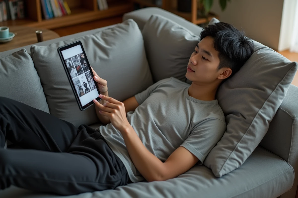 Jeune homme lisant des scans de manga en français sur une tablette avec une interface sans publicités intrusives