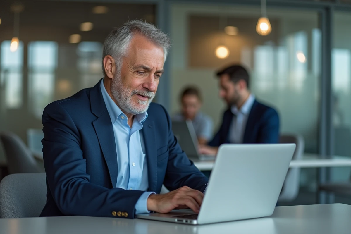 Professionnel gérant ses tâches administratives sur ordinateur portable dans un espace de coworking