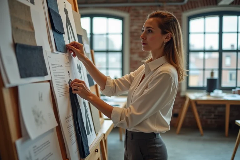 Styliste en atelier épinglant des échantillons de tissus sur un moodboard pour préparer plusieurs collections de mode 2025