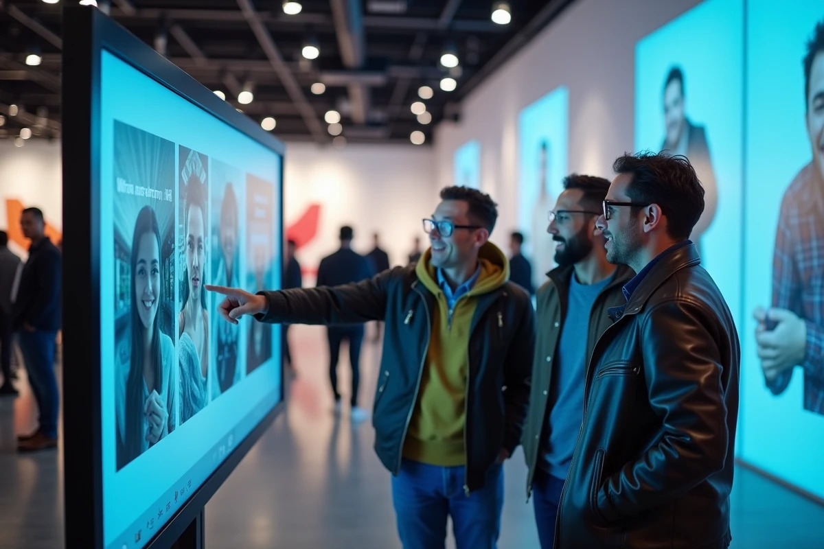 Groupe de personnes réagissant à des tendances virales sur un écran interactif lors d'une exposition technologique moderne en 2024