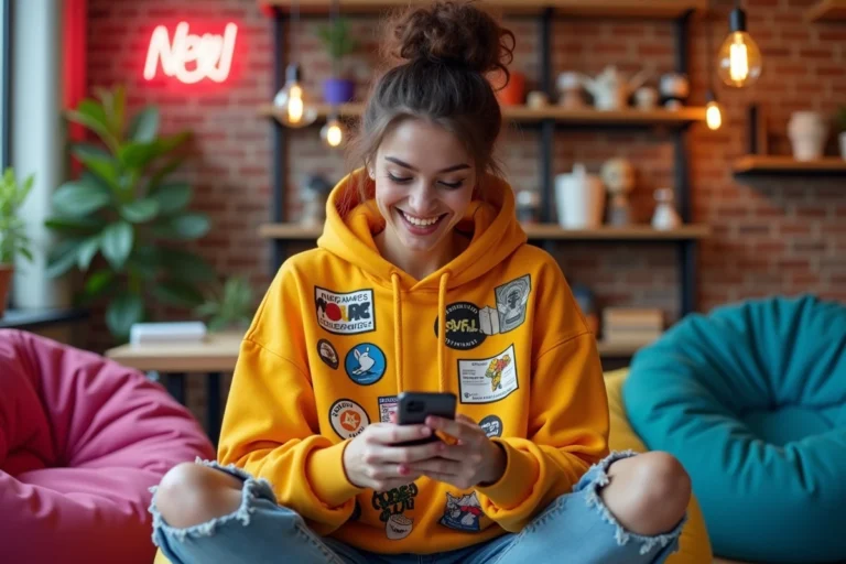 Jeune femme amusée scrollant sur son téléphone entourée de références à la culture internet et aux tendances virales de 2024