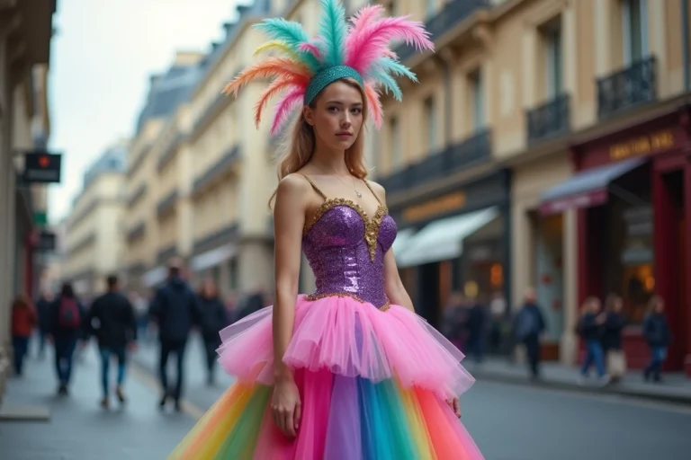 Tenue originale et colorée pour la marche des fiertés à Paris, costume arc-en-ciel avec tutu en tulle et headpiece en plumes