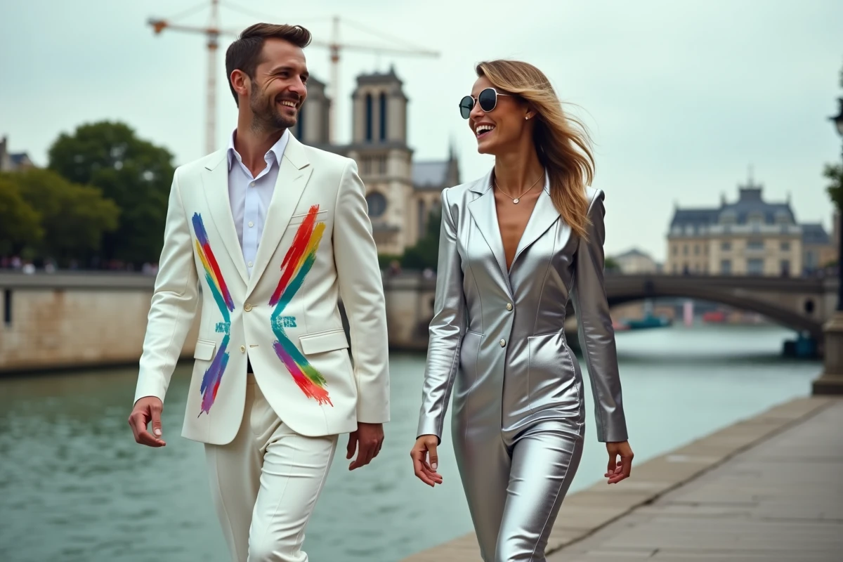 Deux personnes en tenues coordonnées pour la Pride de Paris, costume blanc peint et combinaison holographique au bord de la Seine