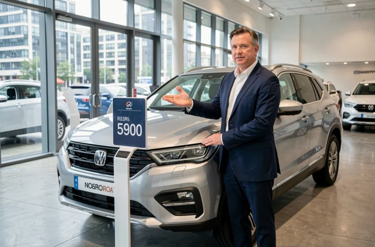 Vendeur automobile en concession présentant le prix élevé d'un SUV neuf sur le marché actuel